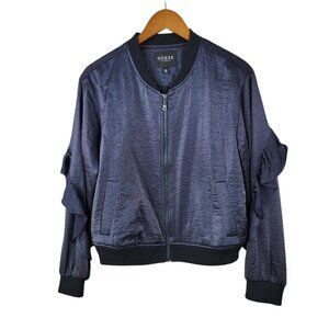 Guess Moto Jacket Size Medium Zip Up Metallic Black Bomber Ruffle Back Sleeve